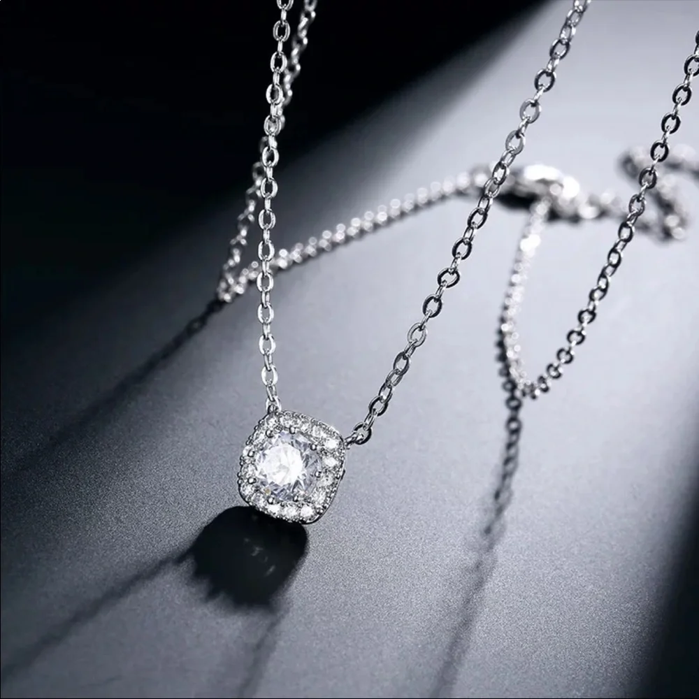New Square 925 Silver Diamond Necklace - Picture 6 of 6